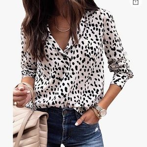 ECOWISH Womens Casual Tops V Neck Leopard Tunic Long Sleeve Button Down